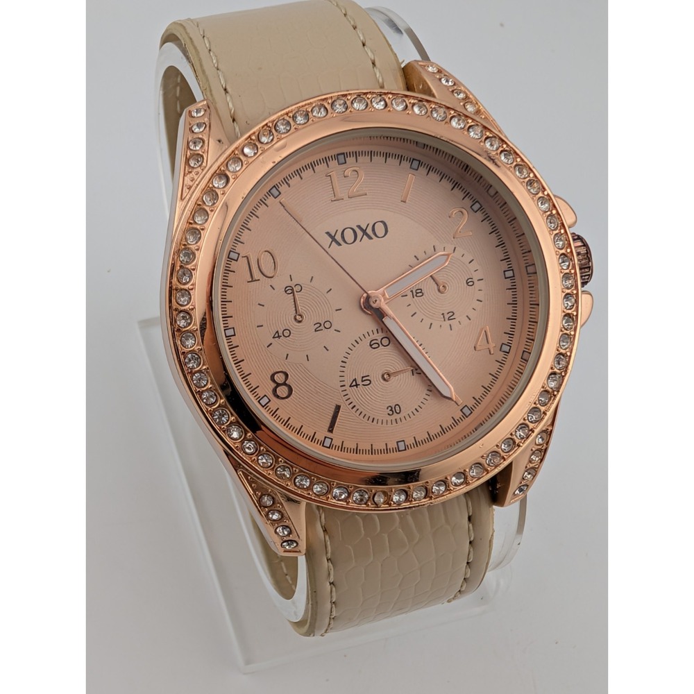 XOXO by Accutime Watch Women Rose Gold Case Beige Faux Leather Band- New Battery